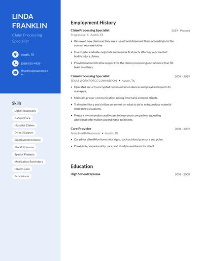 Claim Processing Specialist Resume